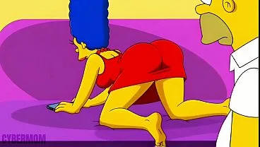 Dona de casa casada trai seu marido corno em um sofá rosa. Paródia em desenho animado dos Simpsons. Hentai.